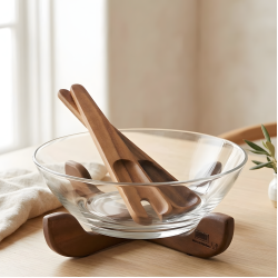 Glass Bowl & Wooden Base With 2 Wooden Spoons